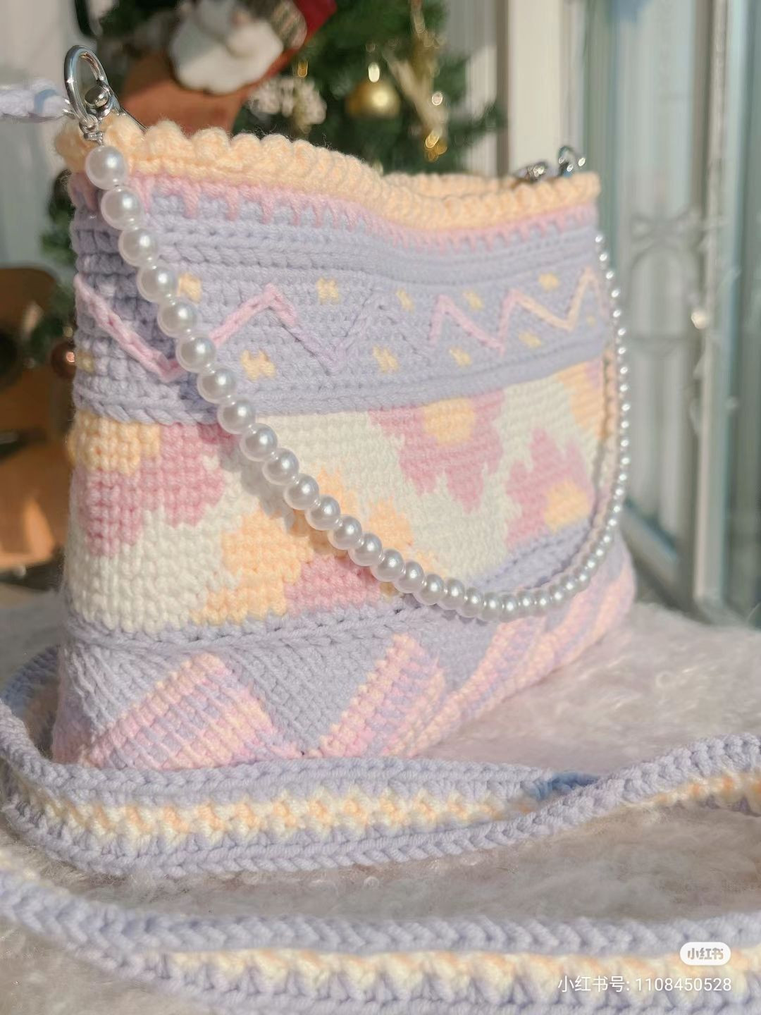 Pastel Flower Crochet Bag with Pearl Strap and Chart