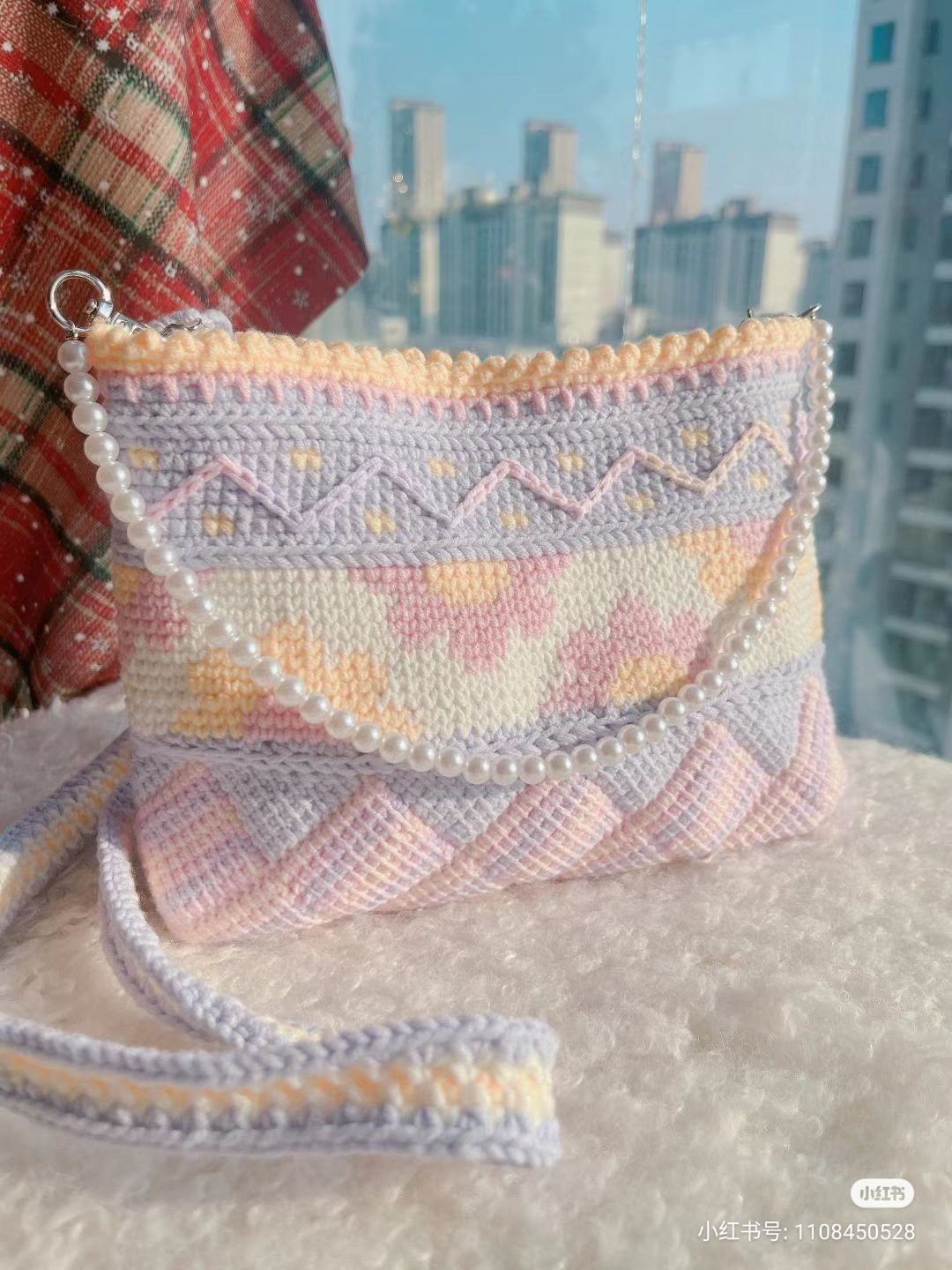 Pastel Flower Crochet Bag with Pearl Strap and Chart
