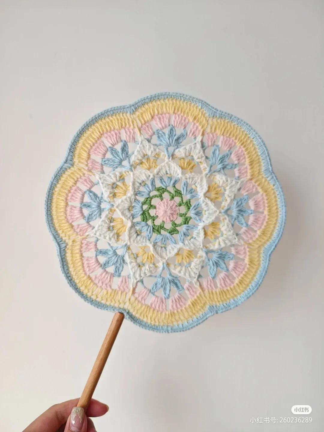 Pastel Mandala Crochet Hand Fan with Detailed Pattern Chart