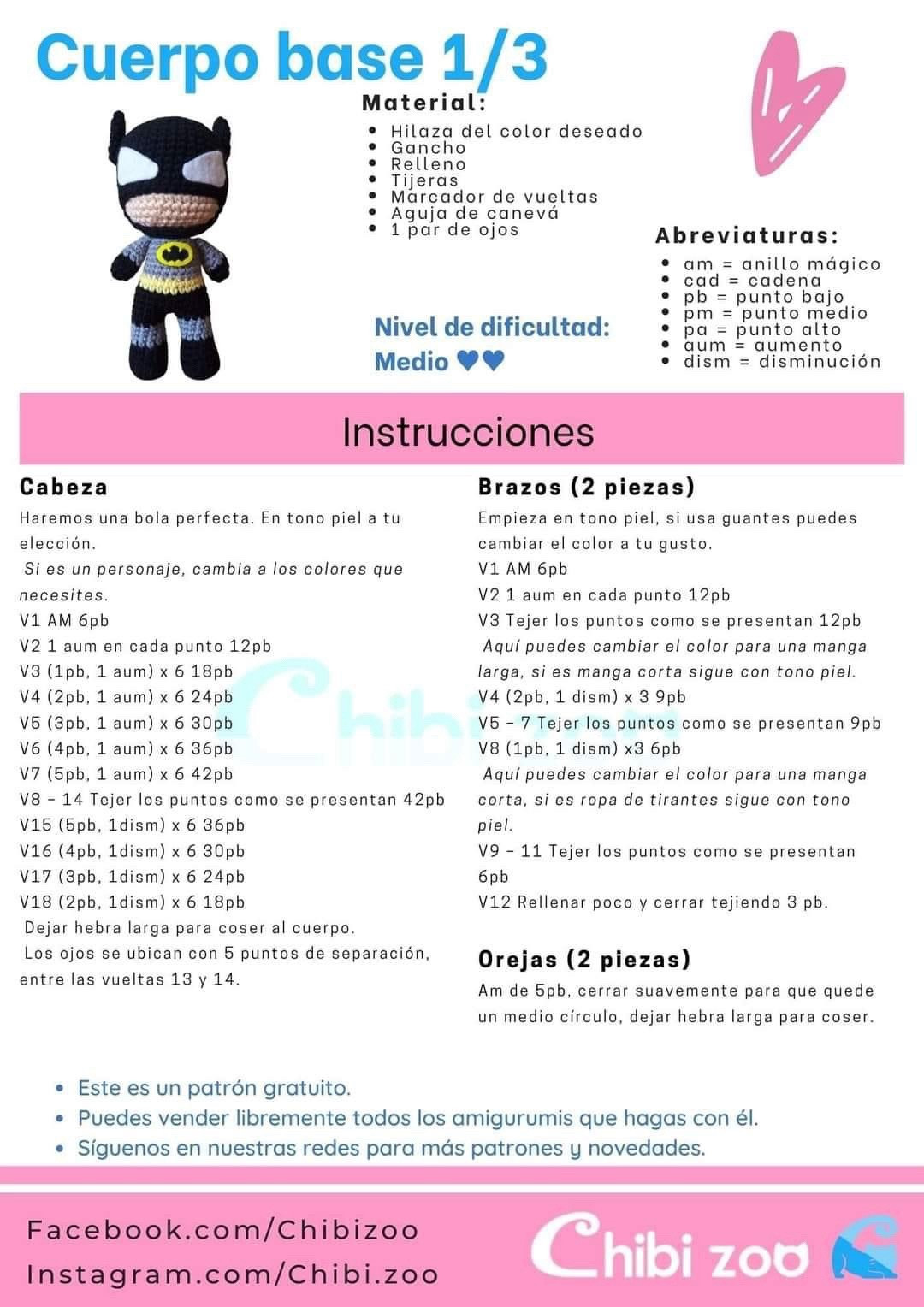 Patrón Amigurumi Batman Completo: Cabeza, Cuerpo y Piernas