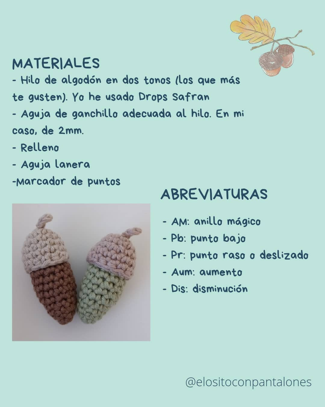 Patrón Amigurumi Bellota: Tutorial paso a paso para tejer bellotas de otoño con hilo de algodón en tonos tierra