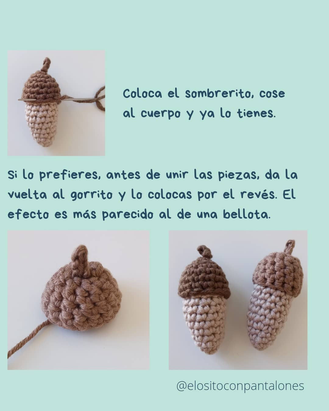 Patrón Amigurumi Bellota: Tutorial paso a paso para tejer bellotas de otoño con hilo de algodón en tonos tierra