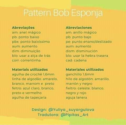 Patrón Amigurumi Bob Esponja Gratuito - Instrucciones Paso a Paso