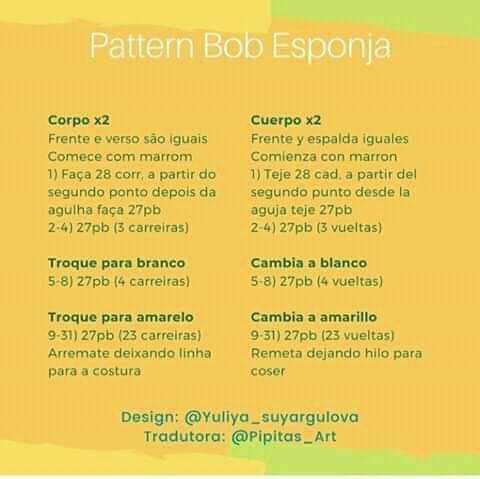 Patrón Amigurumi Bob Esponja Gratuito - Instrucciones Paso a Paso