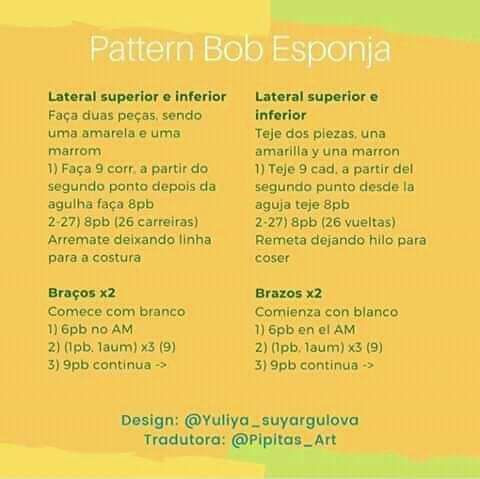 Patrón Amigurumi Bob Esponja Gratuito - Instrucciones Paso a Paso