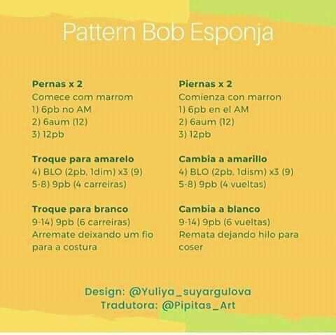 Patrón Amigurumi Bob Esponja Gratuito - Instrucciones Paso a Paso