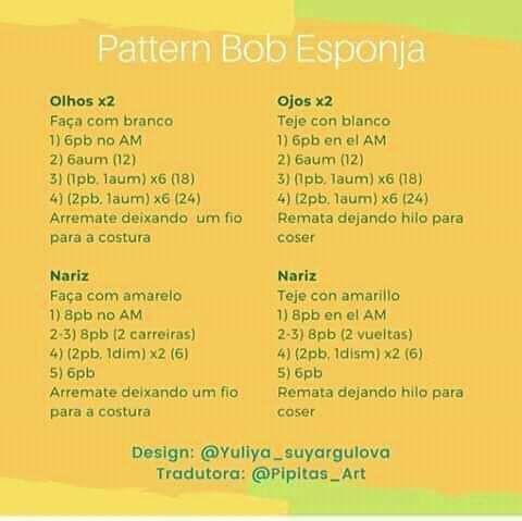 Patrón Amigurumi Bob Esponja Gratuito - Instrucciones Paso a Paso