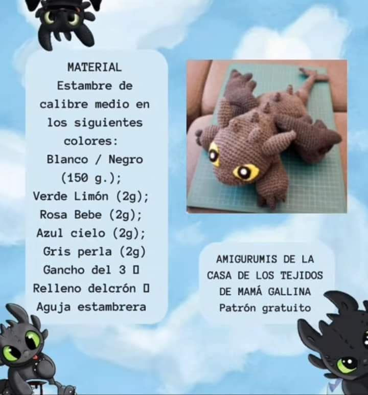 Patrón Amigurumi Chimuelo Dragón Negro y Blanco