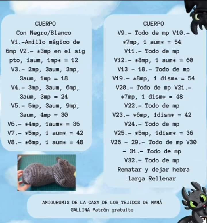 Patrón Amigurumi Chimuelo Dragón Negro y Blanco