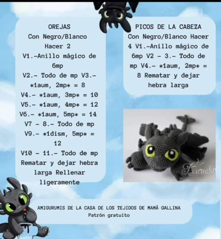 Patrón Amigurumi Chimuelo Dragón Negro y Blanco