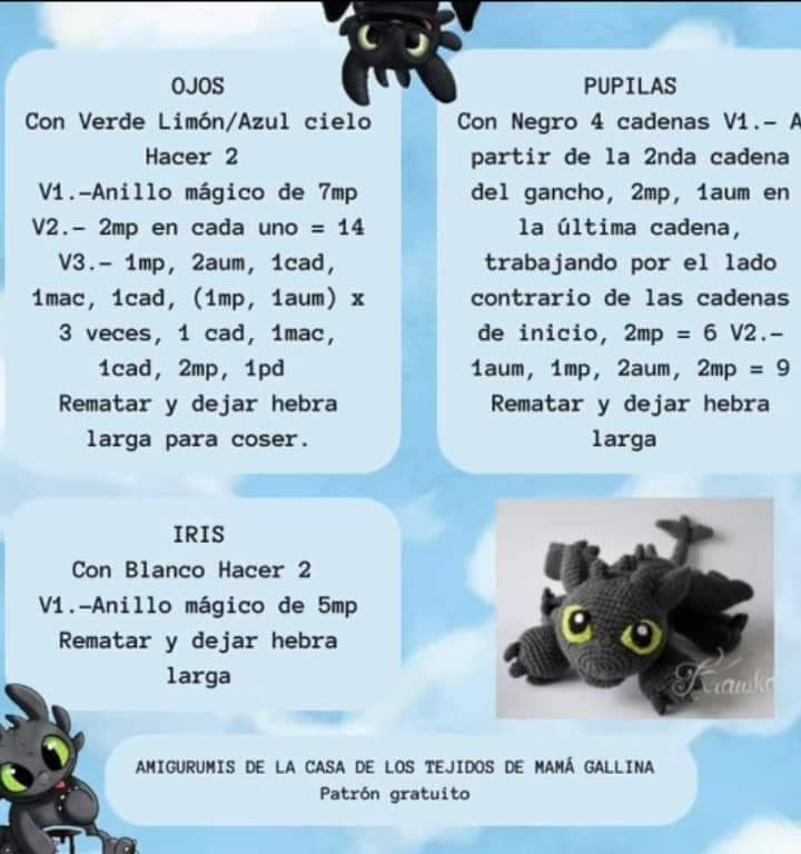 Patrón Amigurumi Chimuelo Dragón Negro y Blanco