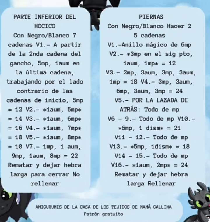 Patrón Amigurumi Chimuelo Dragón Negro y Blanco