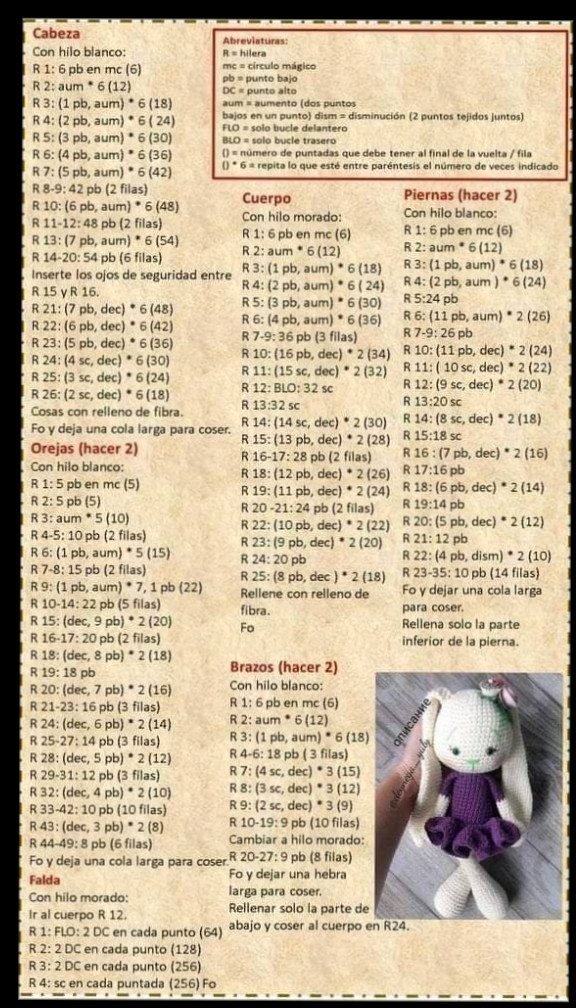 Patrón Amigurumi Conejita de Crochet con Falda Morada