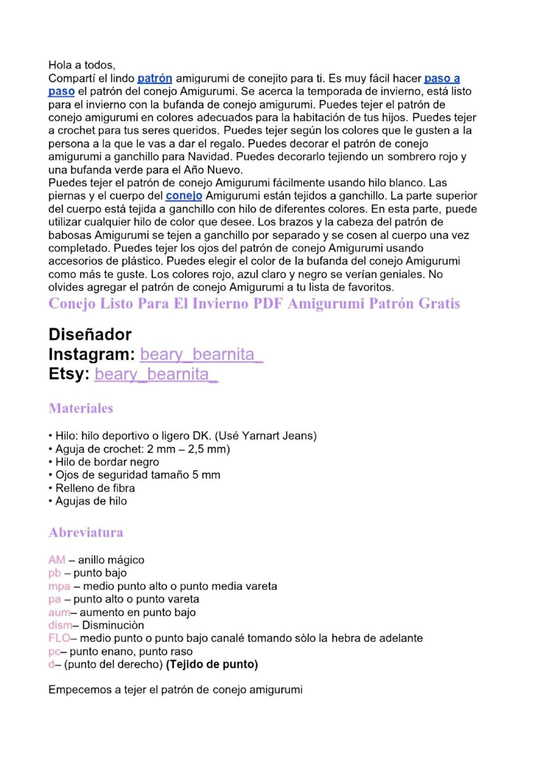 Patrón Amigurumi Conejo Listo Para El Invierno Gratis PDF