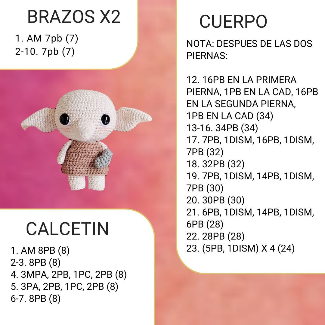 Patrón Amigurumi Dobby Harry Potter Paso a Paso