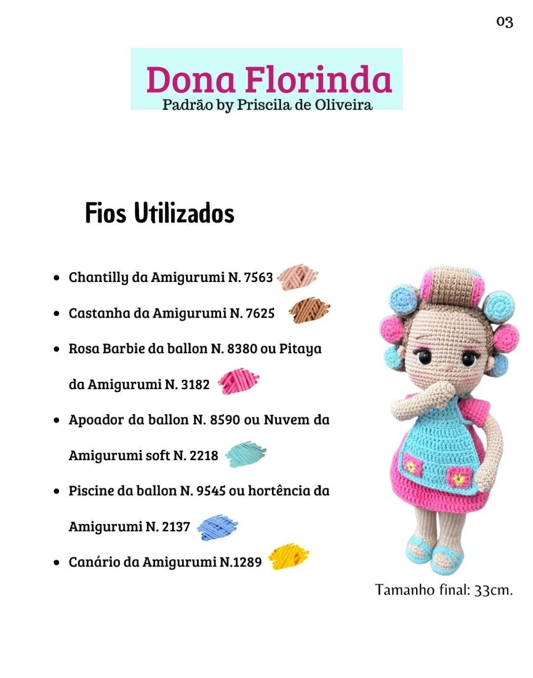 Patrón Amigurumi Dona Florinda: Búp bê tóc quăn với váy màu xanh và hồng