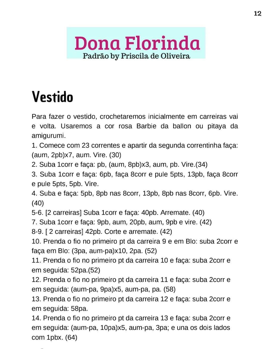 Patrón Amigurumi Dona Florinda: Búp bê tóc quăn với váy màu xanh và hồng