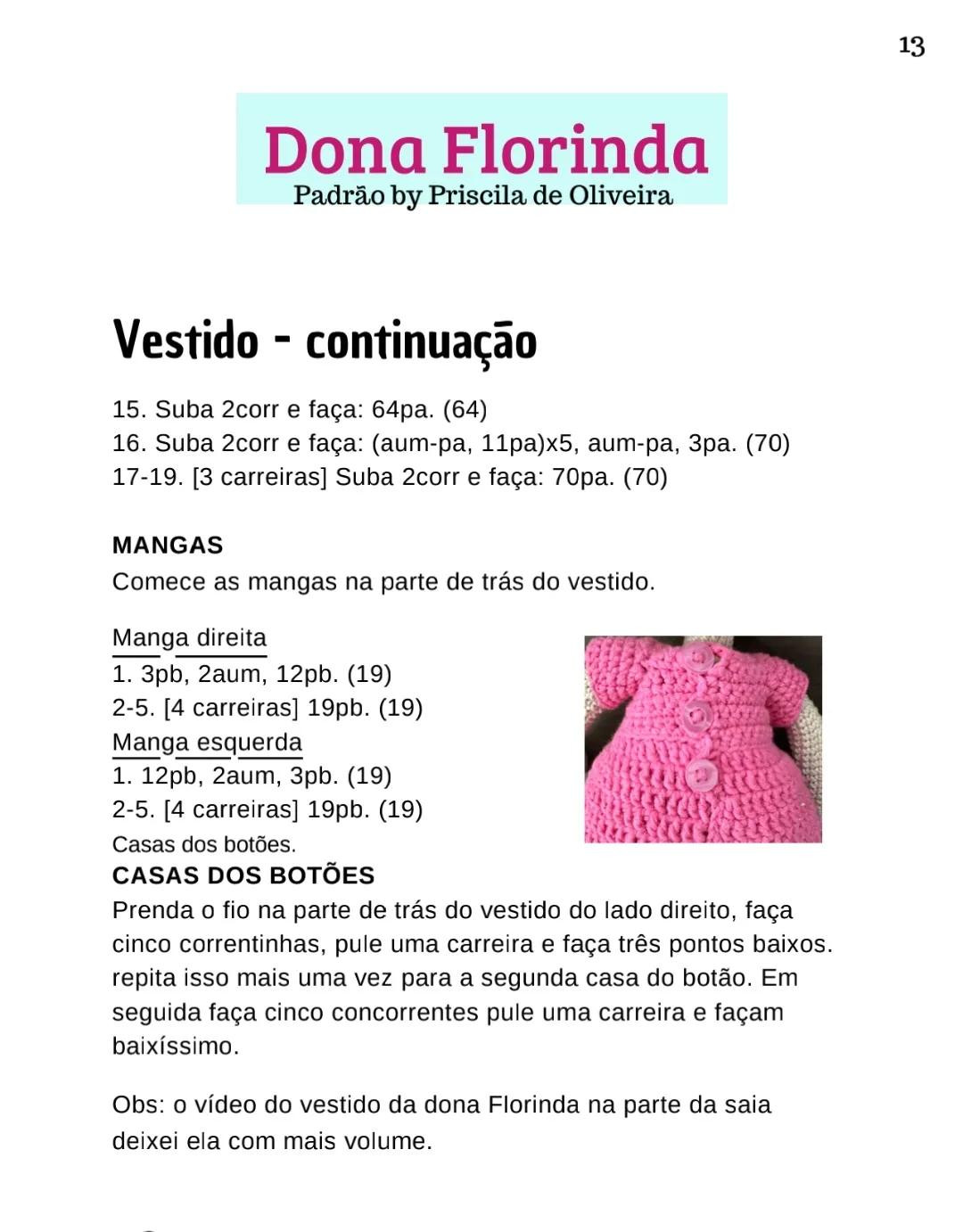 Patrón Amigurumi Dona Florinda: Búp bê tóc quăn với váy màu xanh và hồng