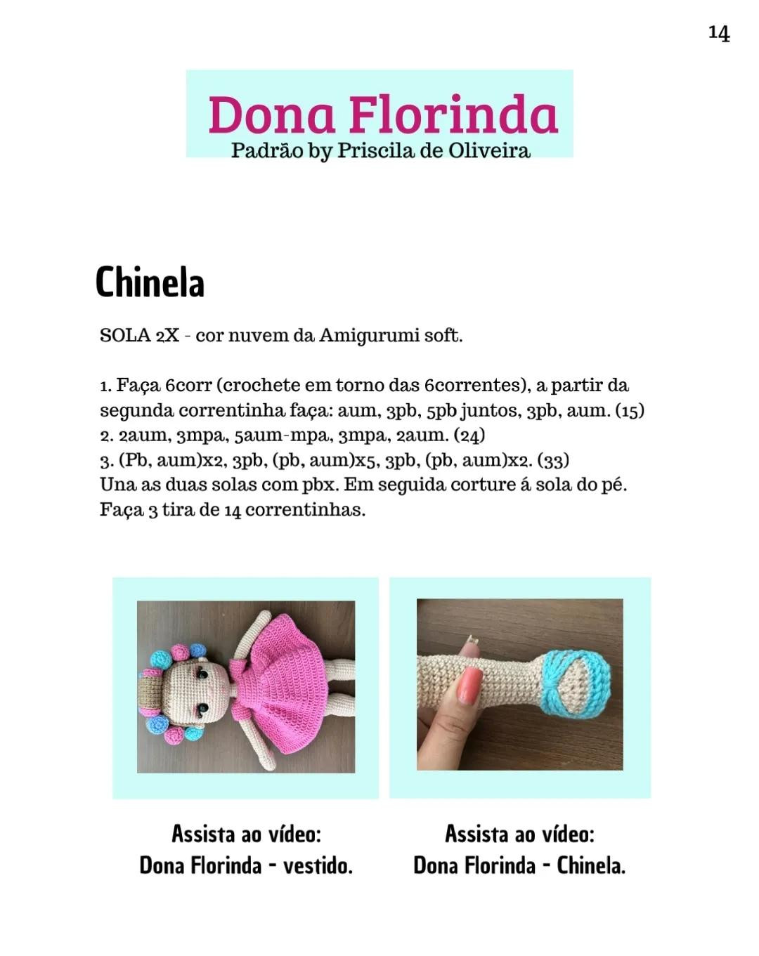 Patrón Amigurumi Dona Florinda: Búp bê tóc quăn với váy màu xanh và hồng