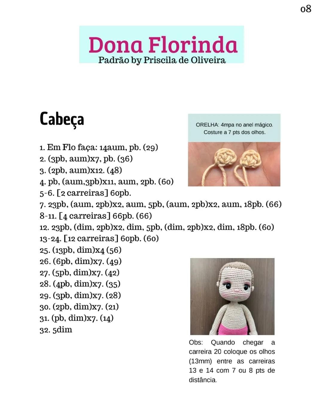 Patrón Amigurumi Dona Florinda: Búp bê tóc quăn với váy màu xanh và hồng