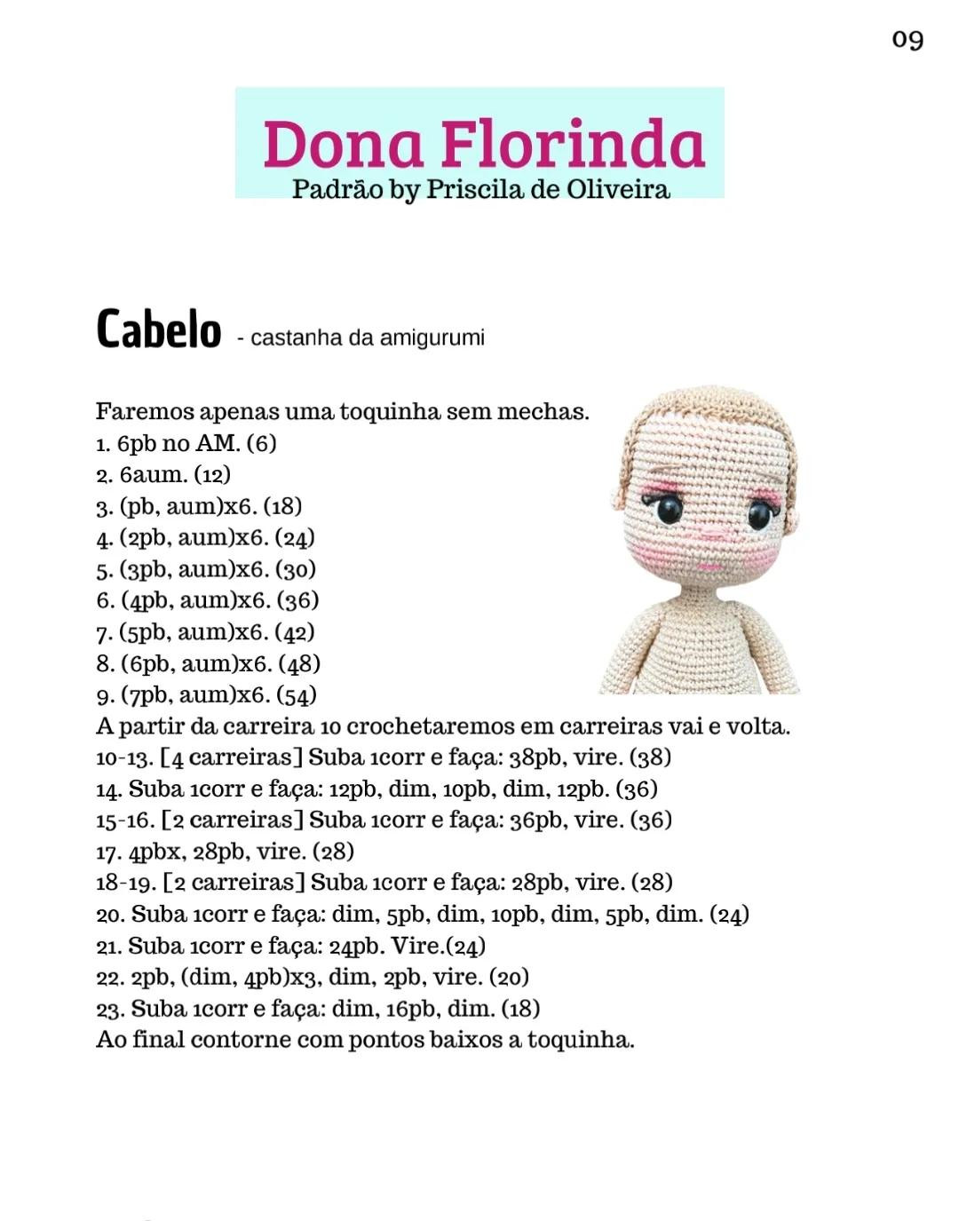 Patrón Amigurumi Dona Florinda: Búp bê tóc quăn với váy màu xanh và hồng