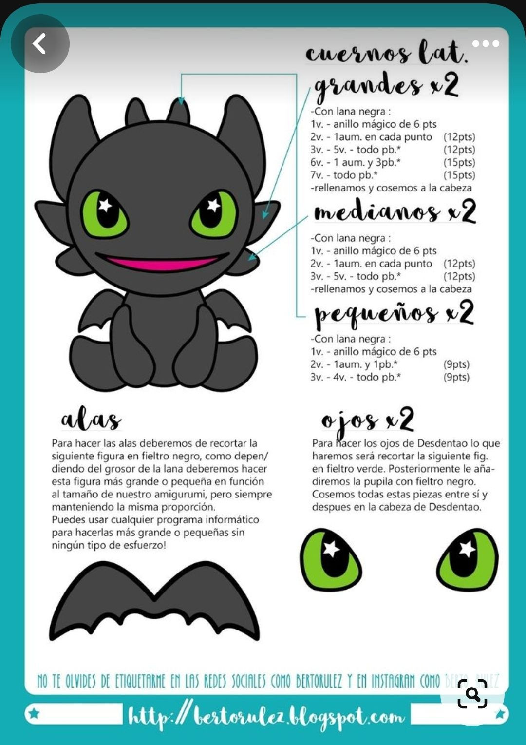 Patrón Amigurumi Dragón Desdentao Negro y Verde