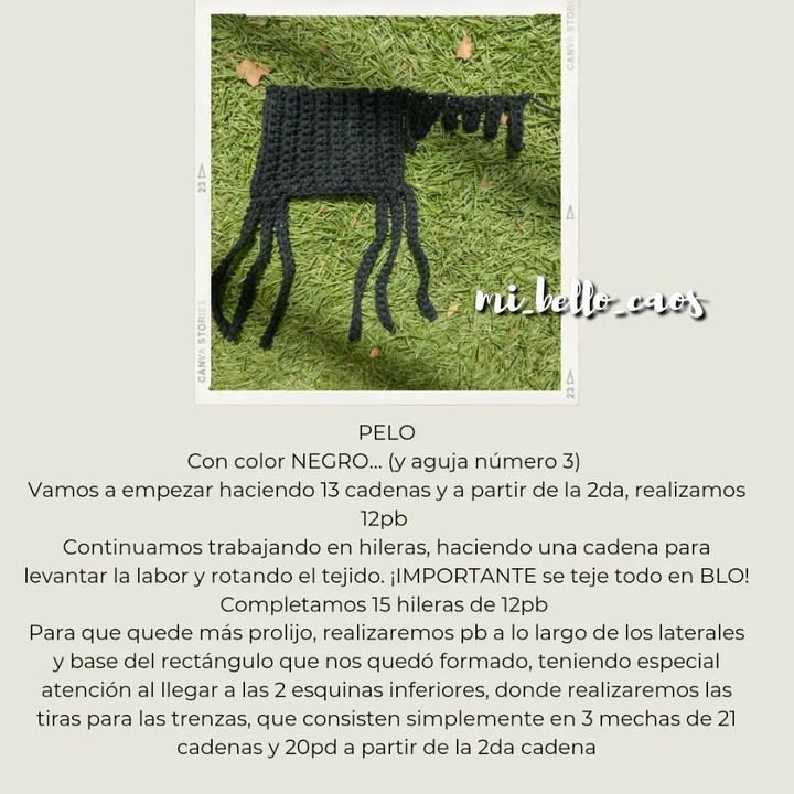 Patrón Amigurumi Gratis: Búp bê Merlin Addams tóc đen dài, váy in xương trắng, mắt to và mũ phù thủy