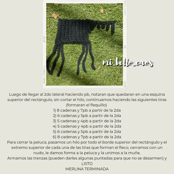 Patrón Amigurumi Gratis: Búp bê Merlin Addams tóc đen dài, váy in xương trắng, mắt to và mũ phù thủy