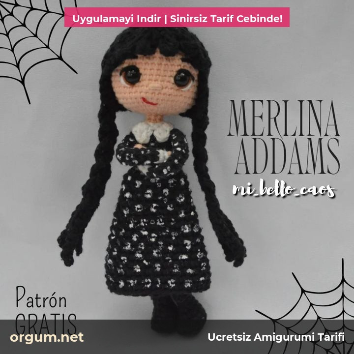 Patrón Amigurumi Gratis: Búp bê Merlin Addams tóc đen dài, váy in xương trắng, mắt to và mũ phù thủy