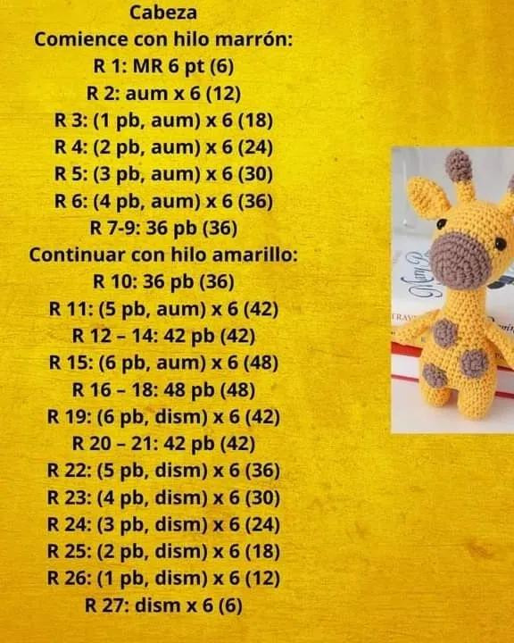 Patrón Amigurumi Jirafa Amarilla y Marrón: Guía Paso a Paso para Cuernos, Orejas, Cabeza y Cuerpo