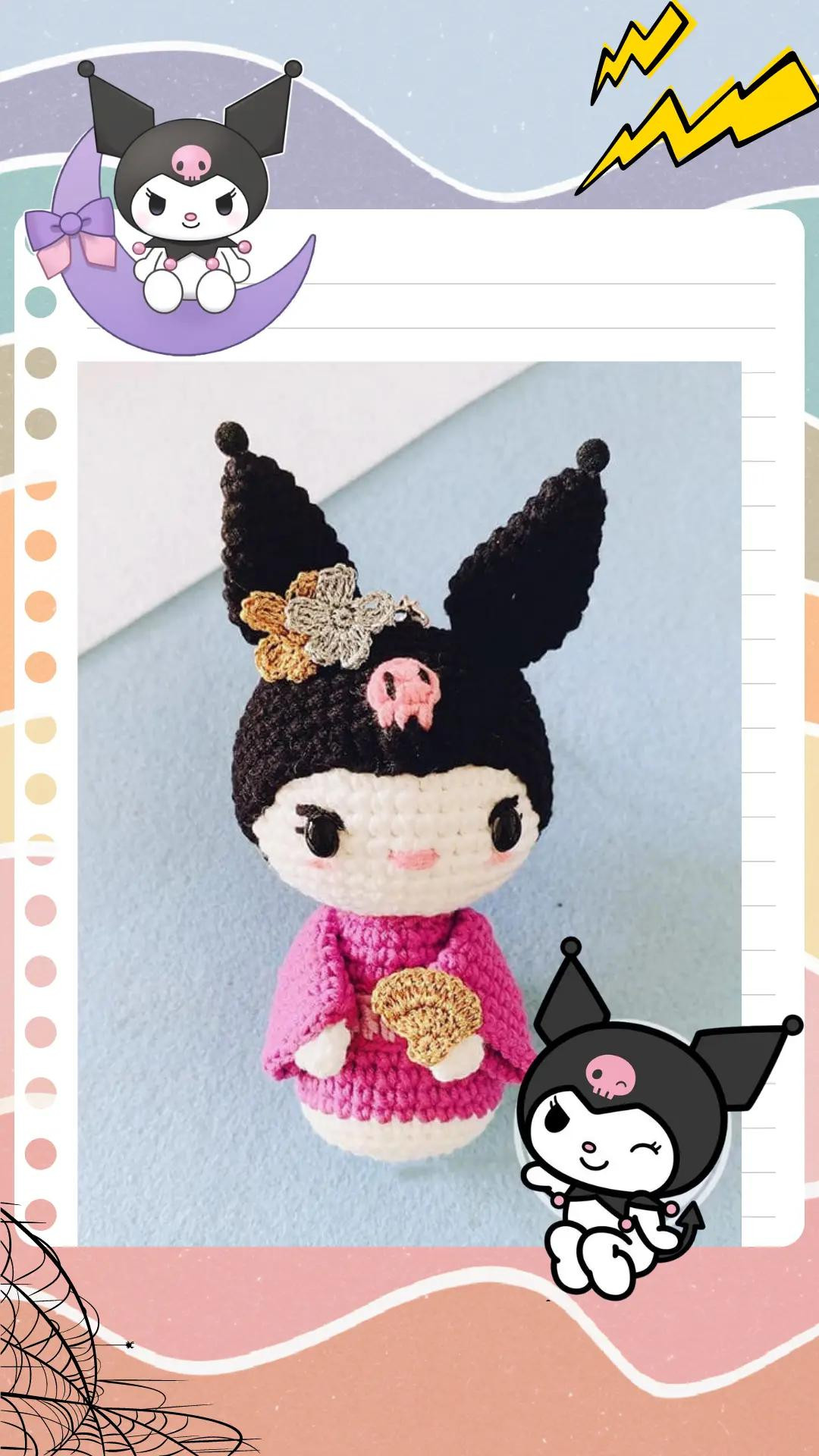 Patrón Amigurumi Kuromi: Guía de Tejido con Hilo Negro y Rosa