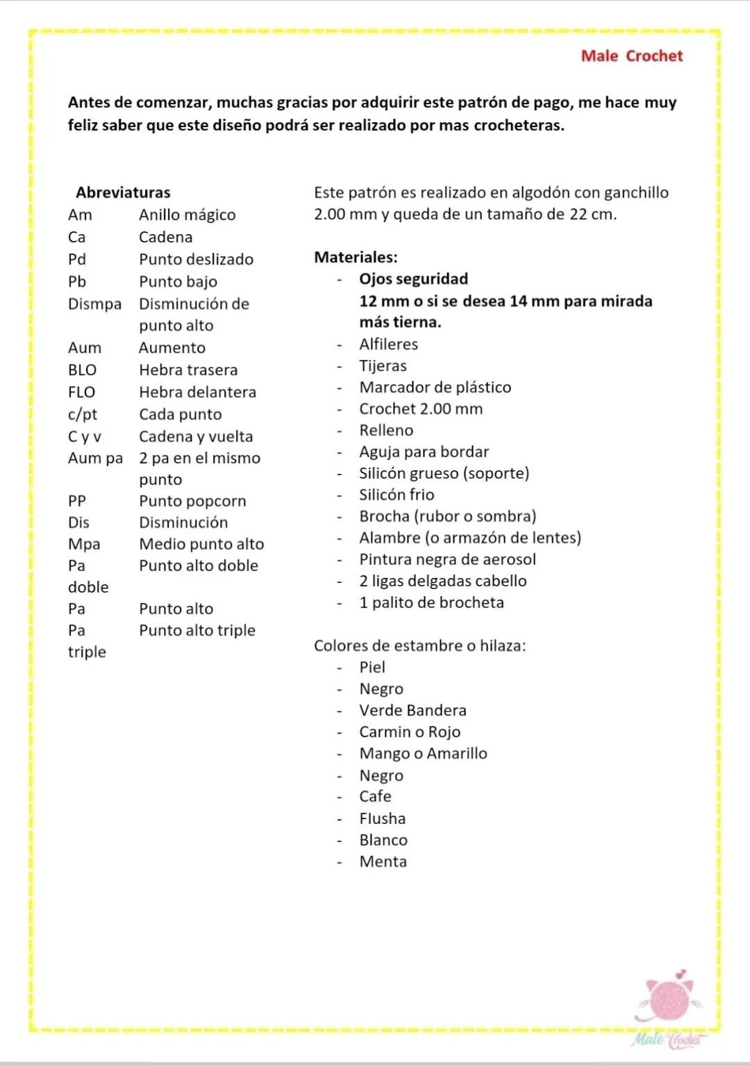 Patrón Amigurumi La Chilindrina con gafas y paleta de colores verde rojo