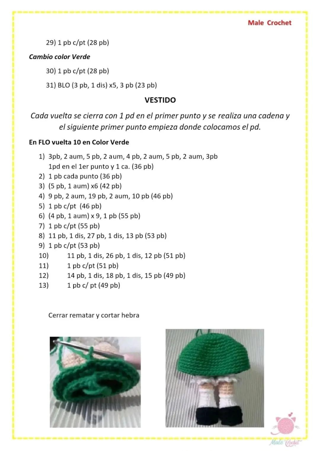 Patrón Amigurumi La Chilindrina con gafas y paleta de colores verde rojo