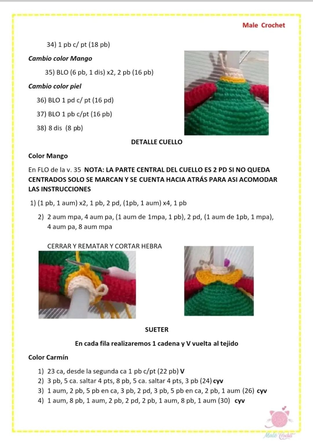 Patrón Amigurumi La Chilindrina con gafas y paleta de colores verde rojo