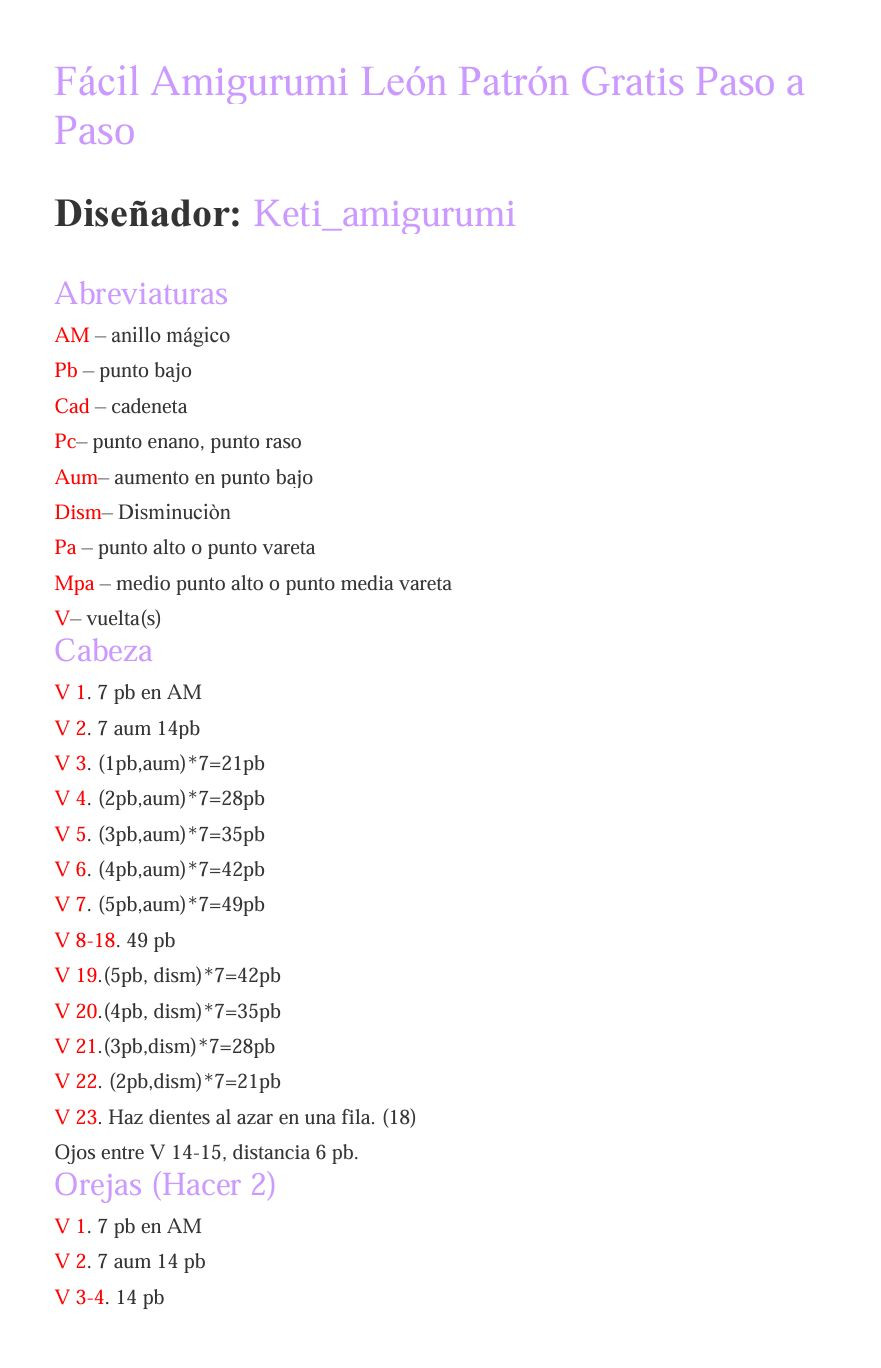 Patrón Amigurumi León Fácil Paso a Paso