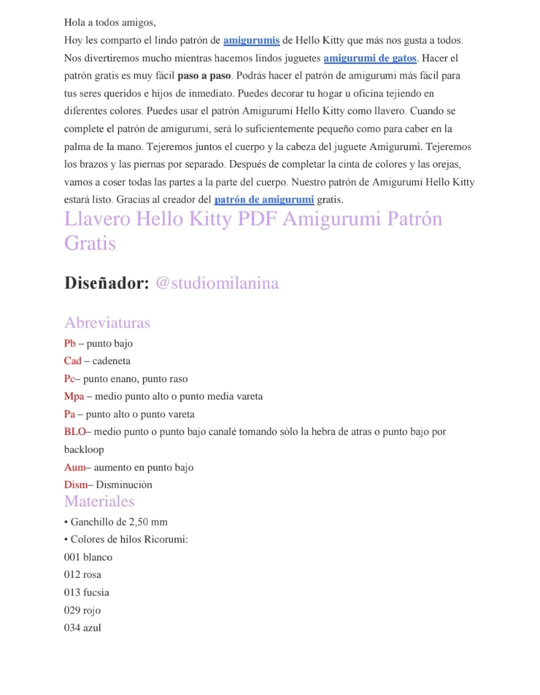 Patrón Amigurumi Llavero Hello Kitty PDF Gratis