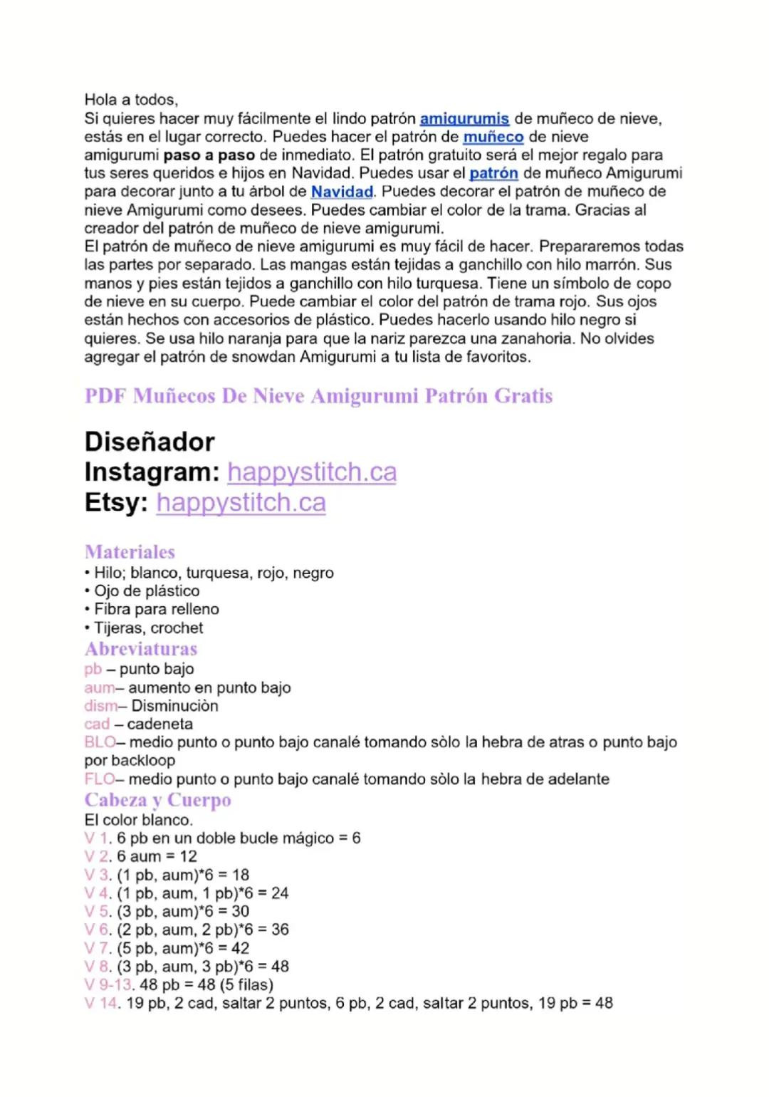 Patrón Amigurumi Muñeco De Nieve Gratis