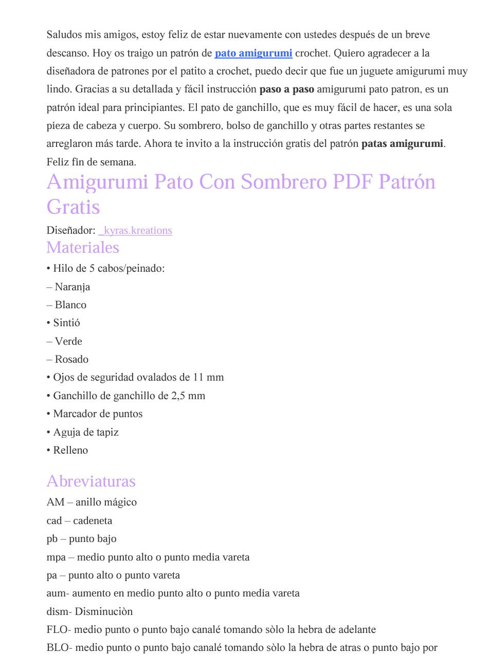 Patrón Amigurumi Pato Con Sombrero Gratis