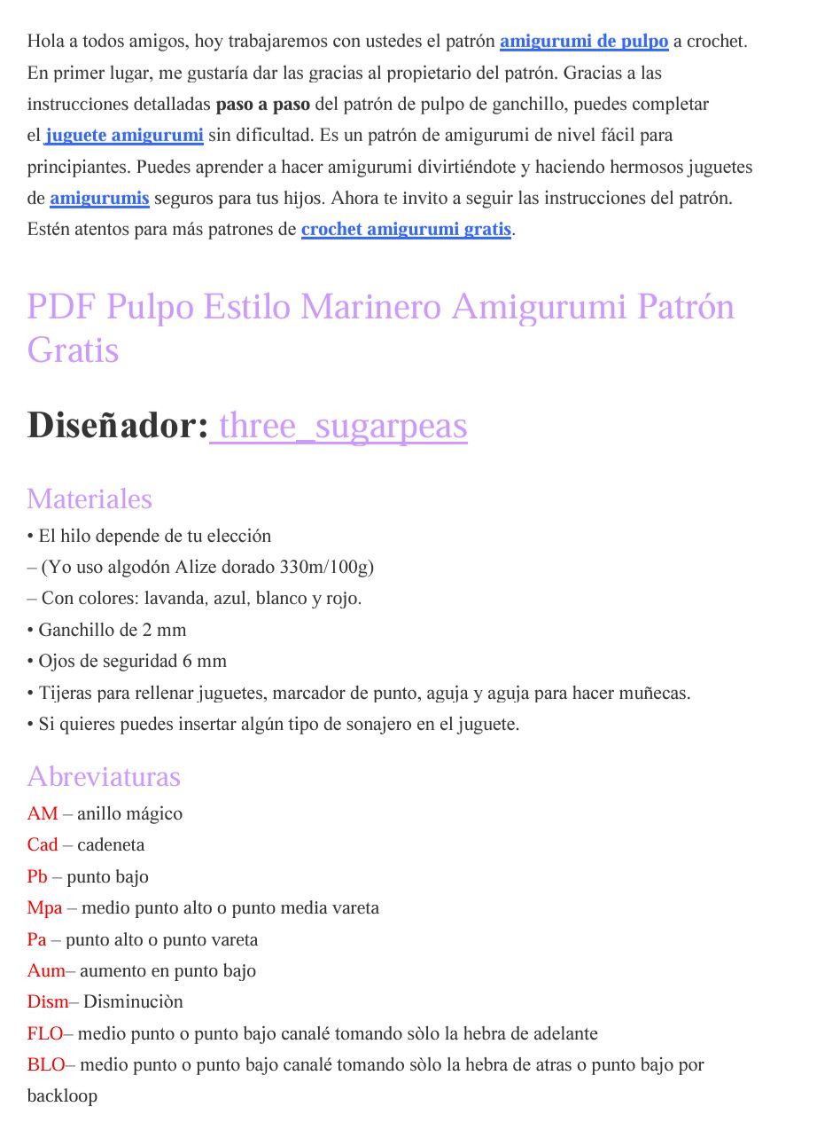 Patrón Amigurumi Pulpo Estilo Marinero - Crochet Gratis