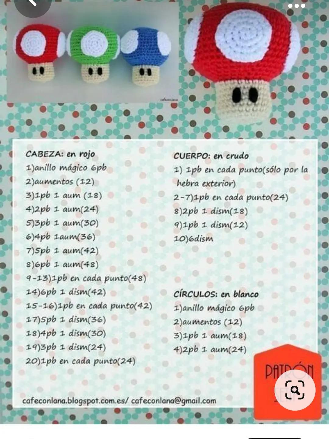 Patrón Amigurumi Seta Mario Bros: Rojo, Verde y Azul