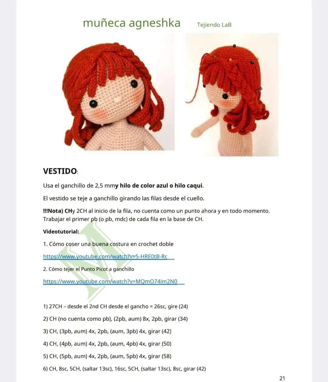 Patrón completo muñeca amigurumi Agneshka con vestido amarillo y gorro