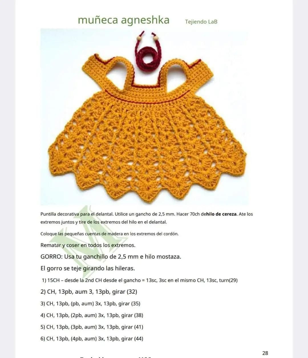 Patrón completo muñeca amigurumi Agneshka con vestido amarillo y gorro