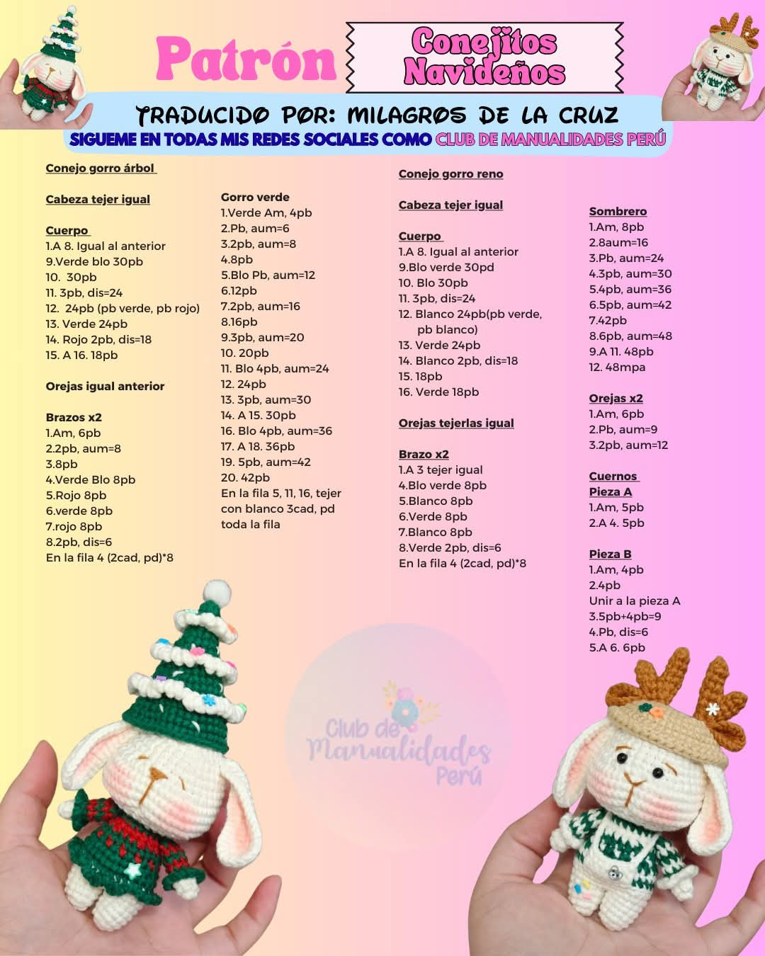 Patron Conejitos Navideños: Amigurumi Gato Árbol, Reno y Gorro Rojo