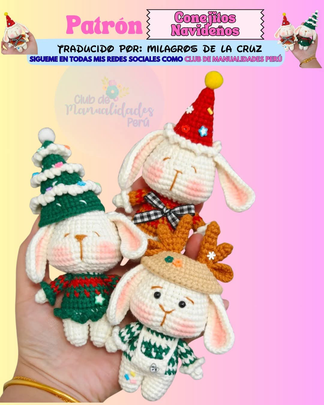 Patron Conejitos Navideños: Amigurumi Gato Árbol, Reno y Gorro Rojo