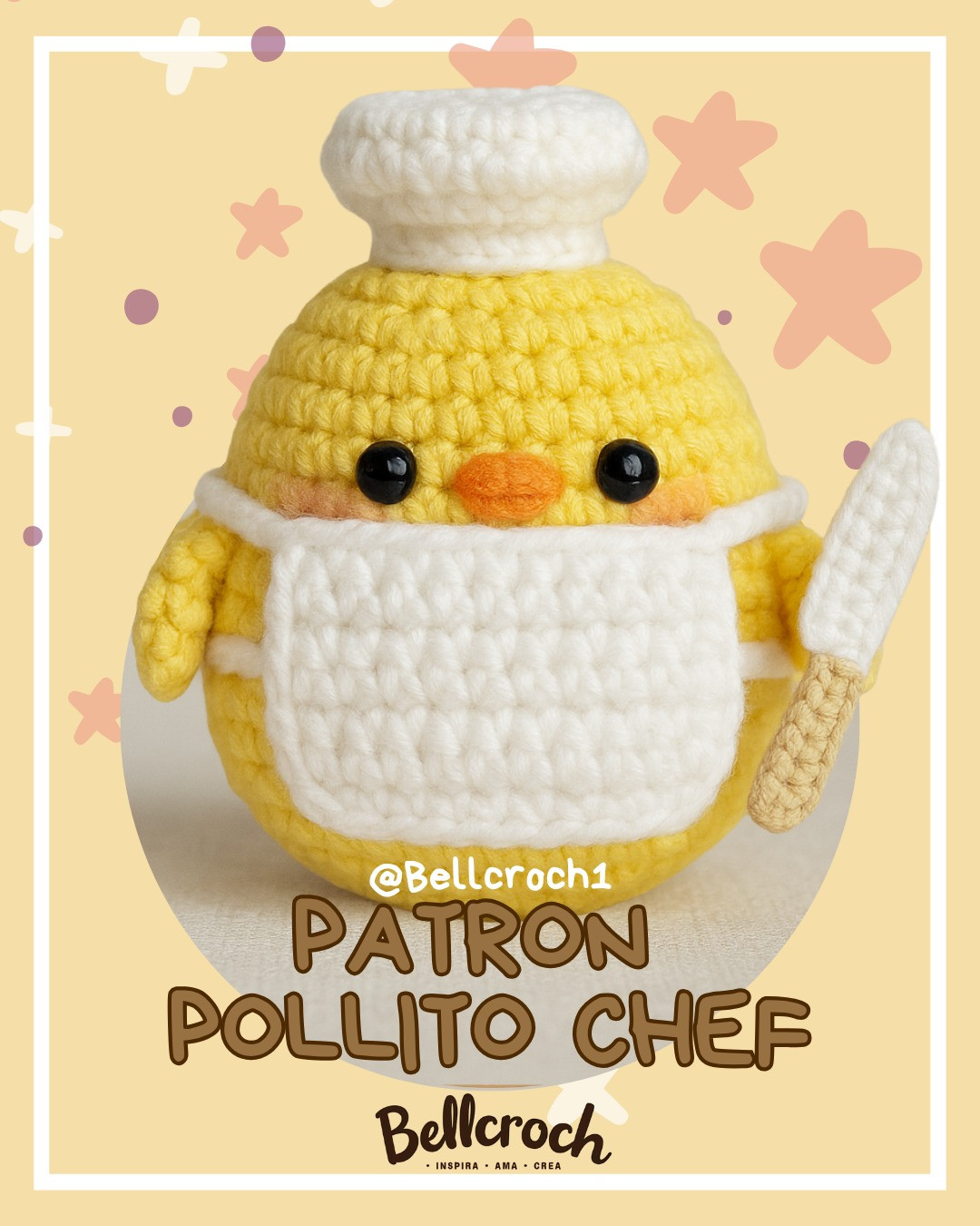 Patrón Crochet Amigurumi Pollito Chef Amarillo con Gorro y Delantal