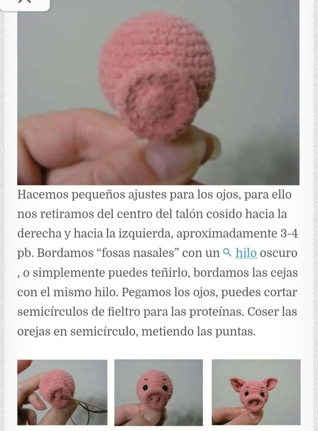 Patrón de amigurumi cerdito rosa con pañuelo blanco y pezuñas oscuras, instrucciones paso a paso en español