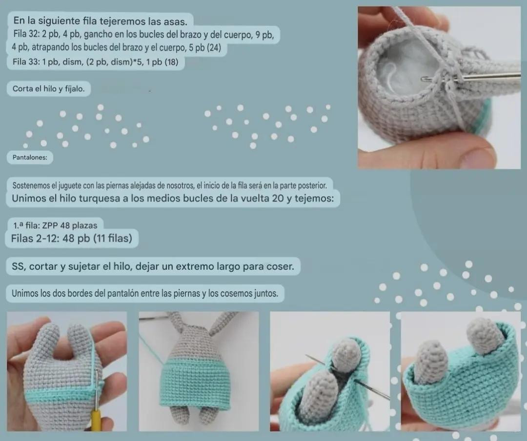 Patrón de Amigurumi Conejito Gris con Overol Turquesa