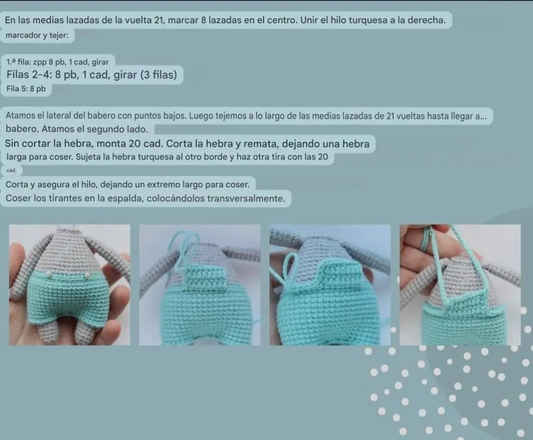 Patrón de Amigurumi Conejito Gris con Overol Turquesa