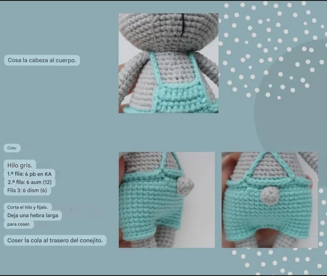 Patrón de Amigurumi Conejito Gris con Overol Turquesa