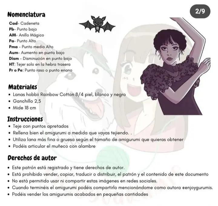 Patrón de amigurumi de la niña Wednesday Addams con vestido negro y cabello corto